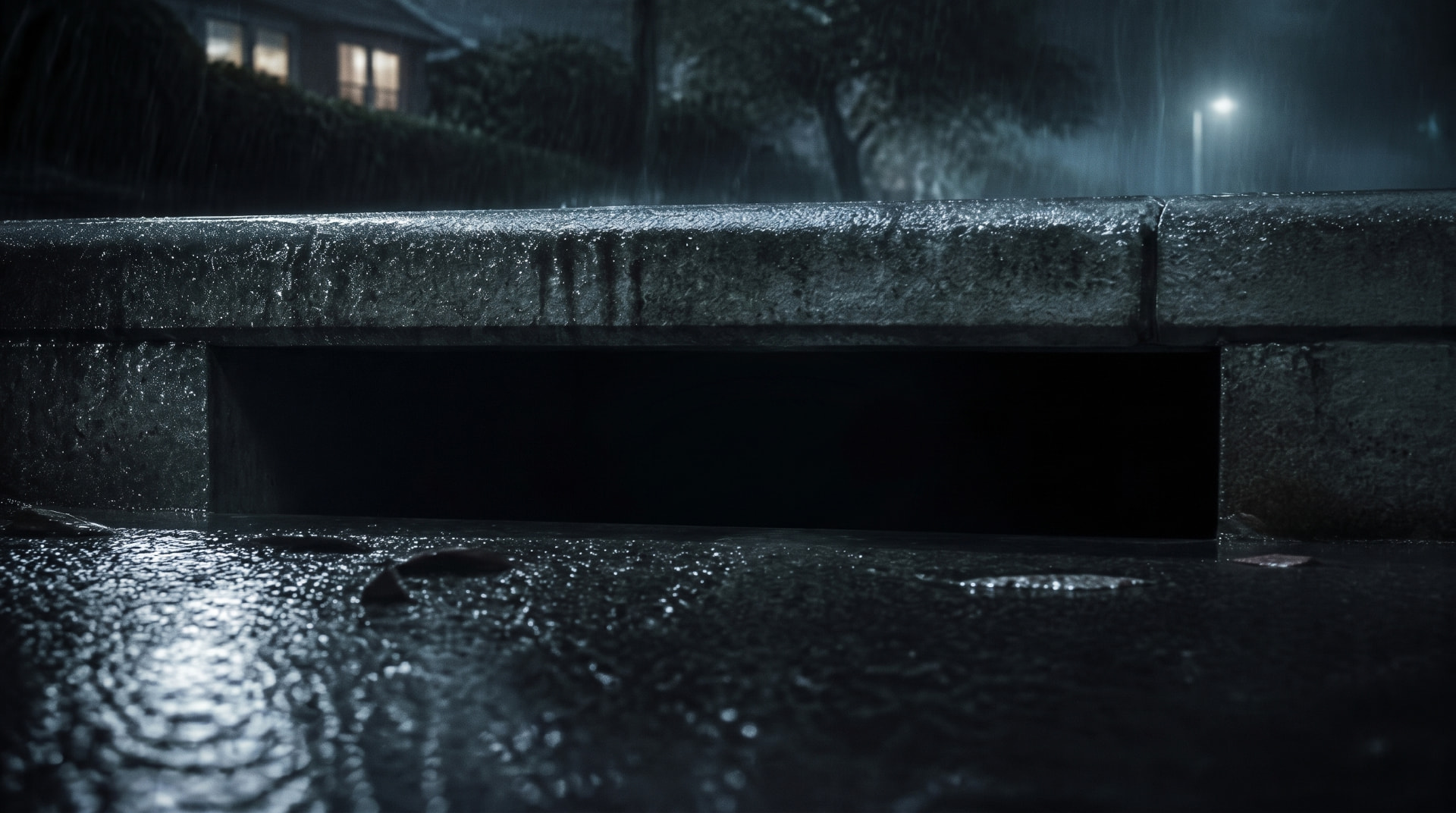 A rain-soaked storm drain on a dark Dallas street at night